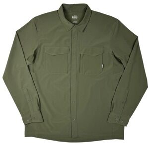 REI Co-op Button Front Shirt Mens Large Green Ventilated Stretch Gorpcore Hiking